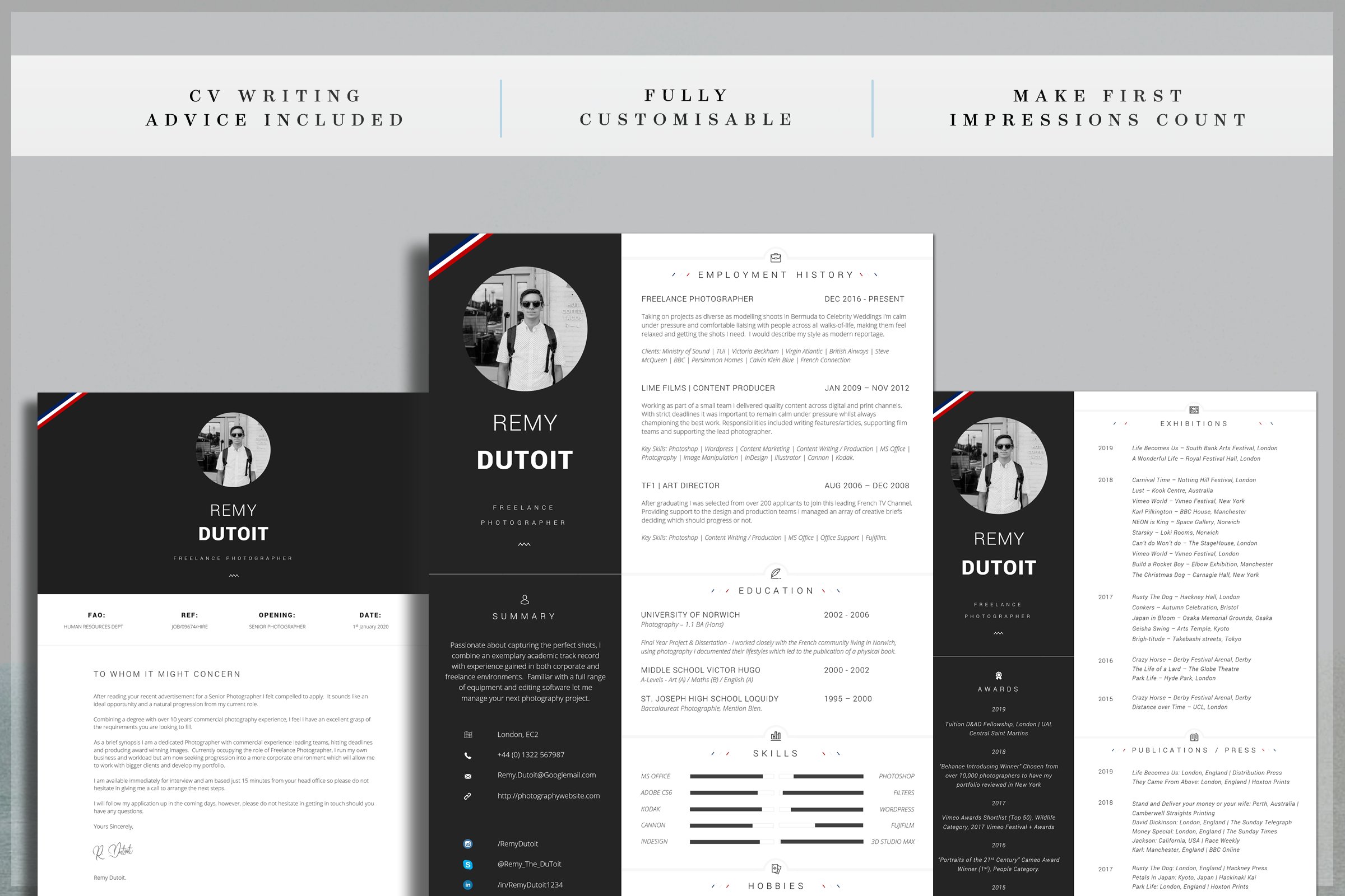 Black and white resume template with a red stripe.