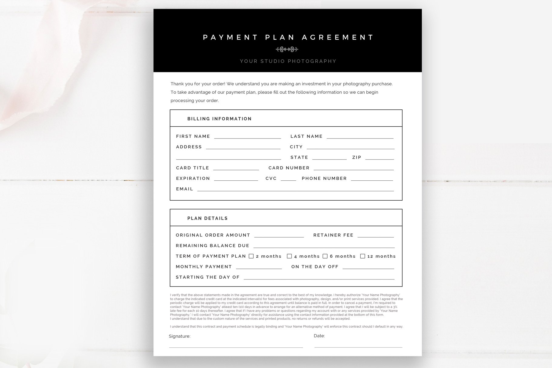 Photography Payment Plan Form preview image.