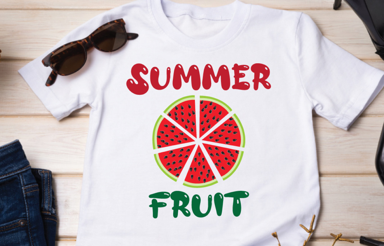 White shirt with a watermelon slice on it.