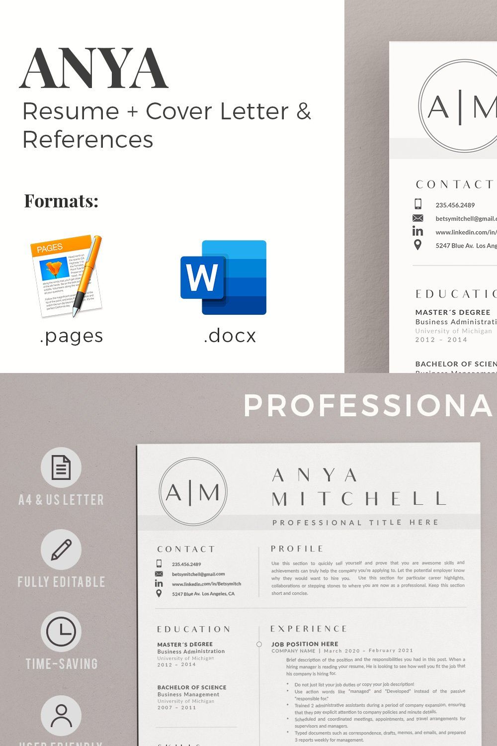 1, 2 and 3 Page Resume CV Design pinterest preview image.