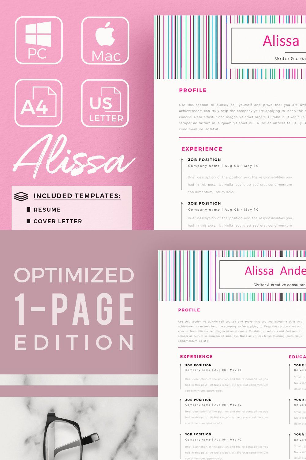 1 Page Resume Template, CV for Word pinterest preview image.
