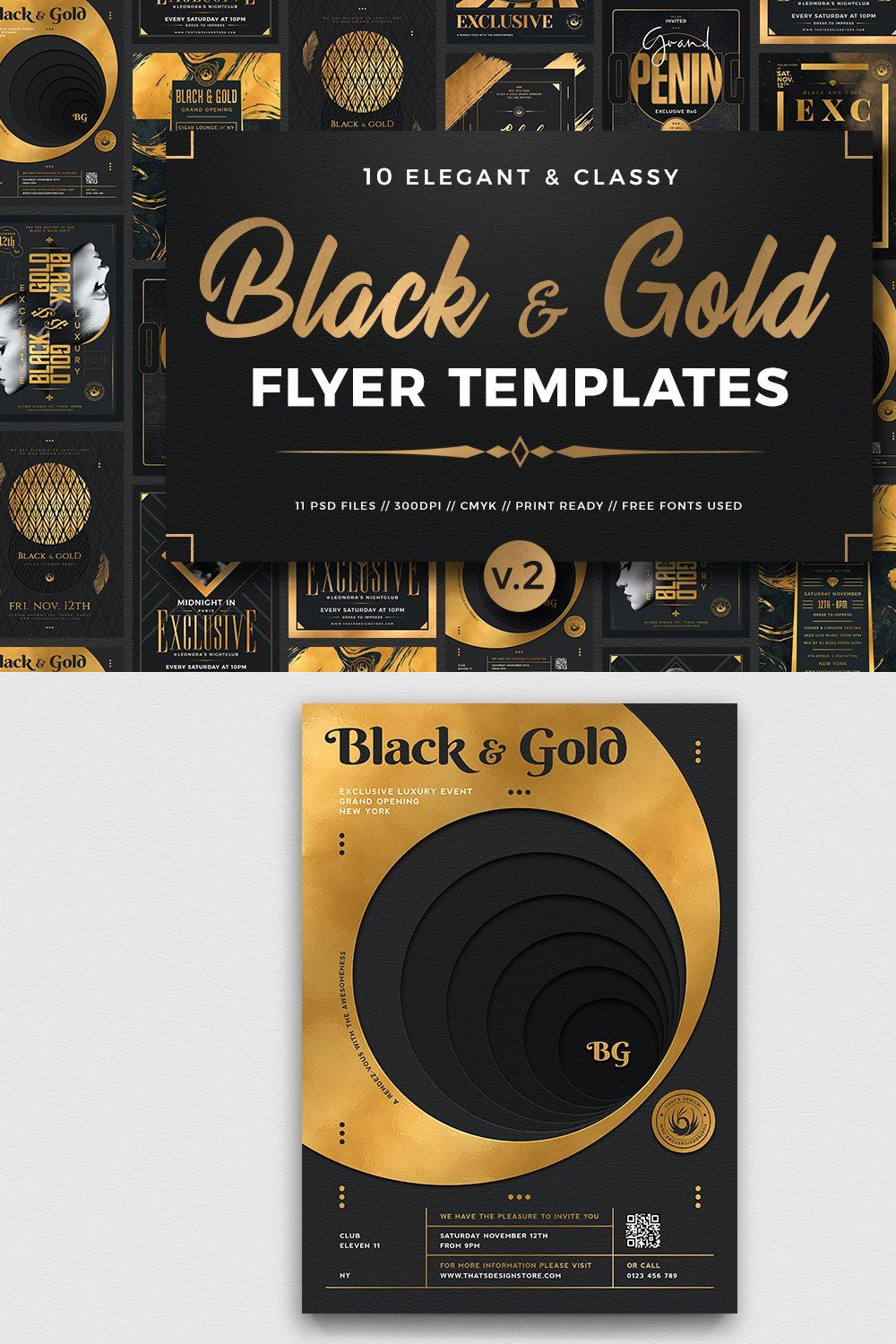 10 Black and Gold Flyers Bundle V2 pinterest preview image.