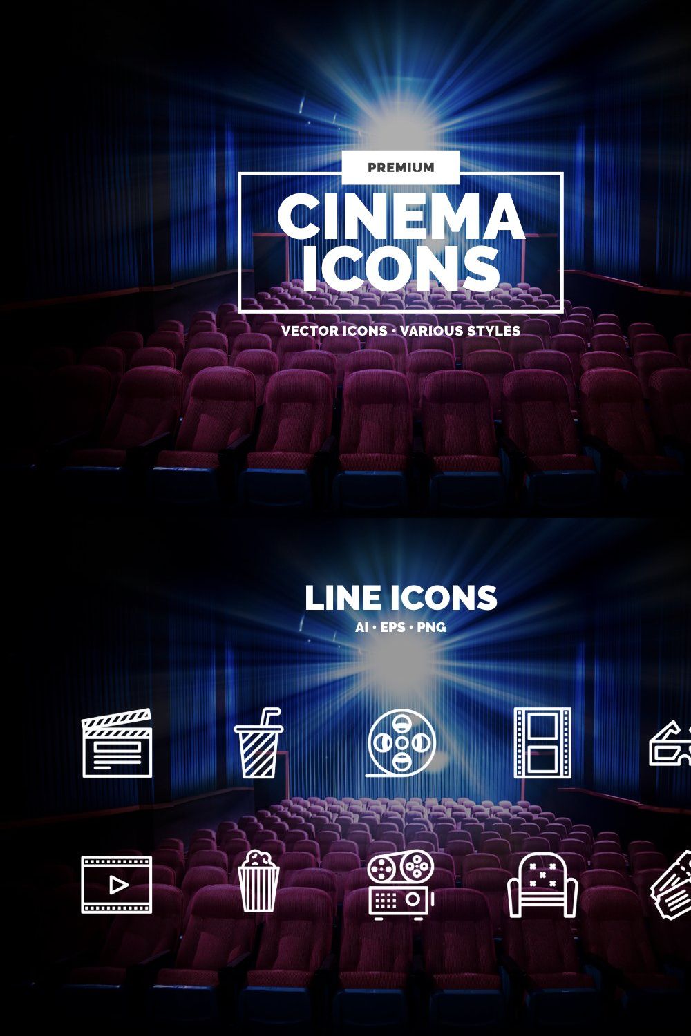10 Cinema Icons in 3 styles pinterest preview image.