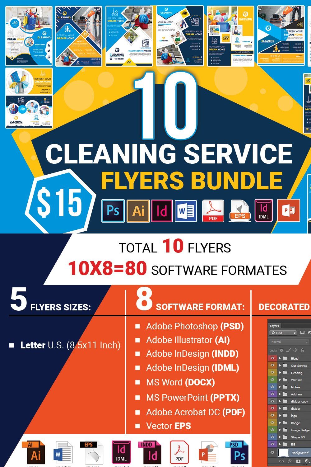 10 Cleaning Service Flyers Bundle pinterest preview image.