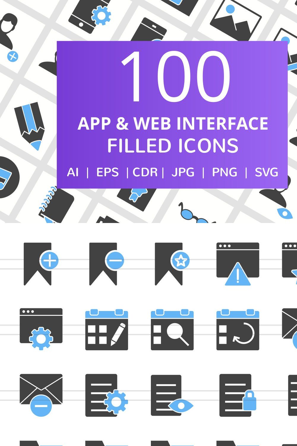 100 App & Web Interface Filled Icons pinterest preview image.
