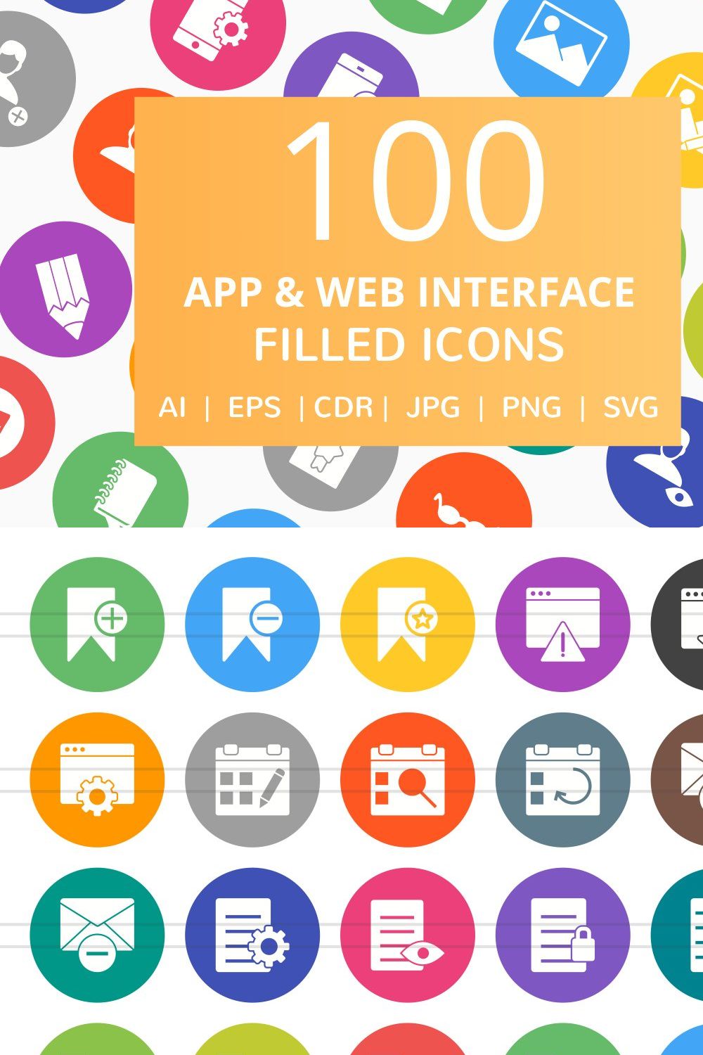 100 App & Web Interface Filled Icons pinterest preview image.