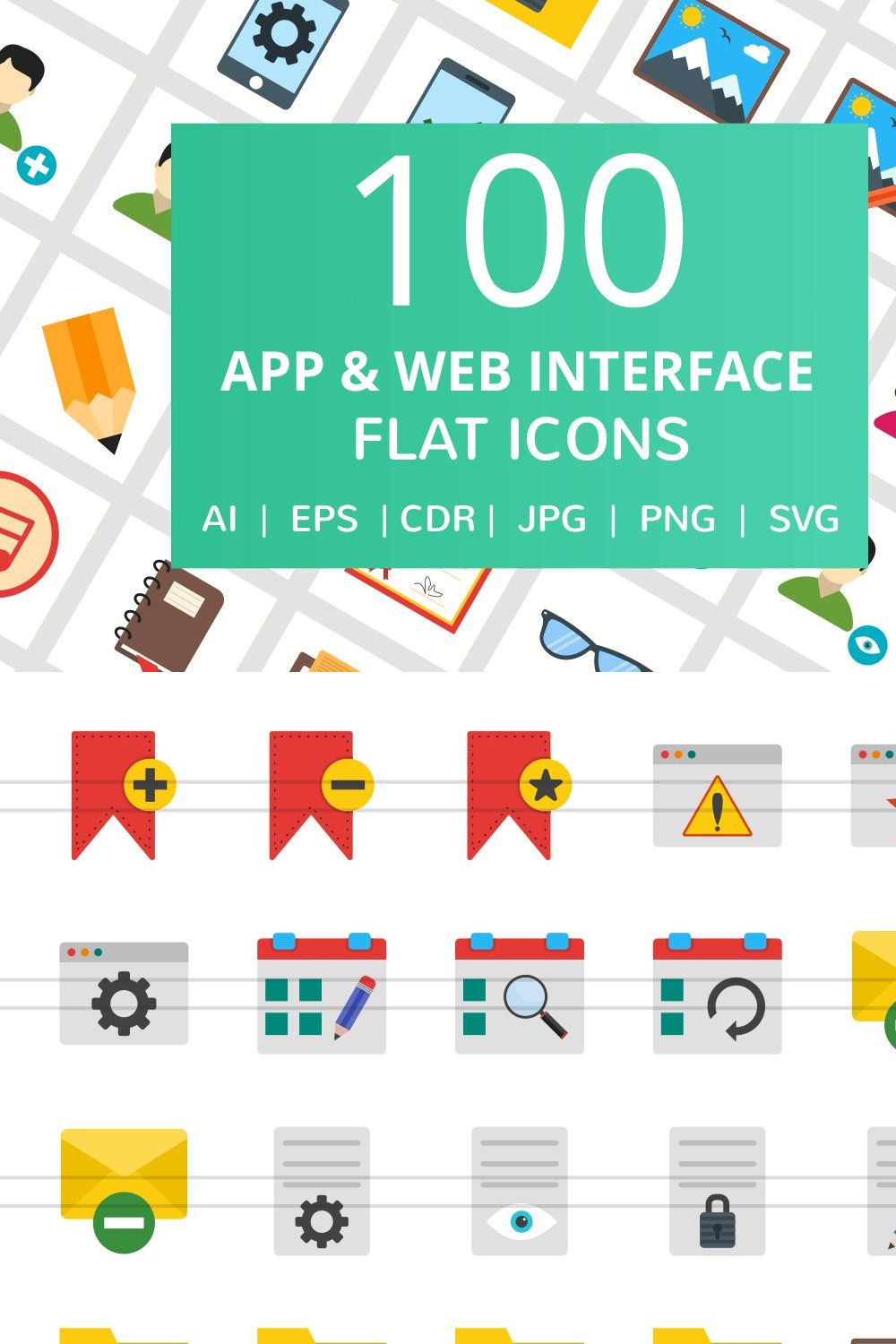 100 App & Web Interface Flat Icons pinterest preview image.