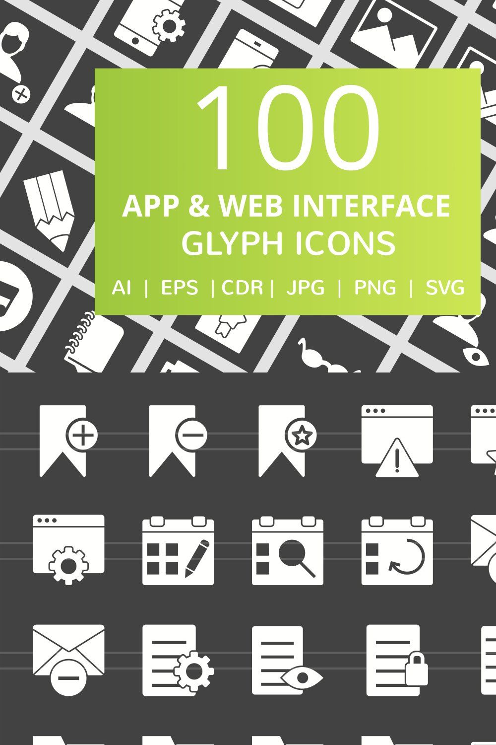 100 App & Web Interface Glyph Icons pinterest preview image.