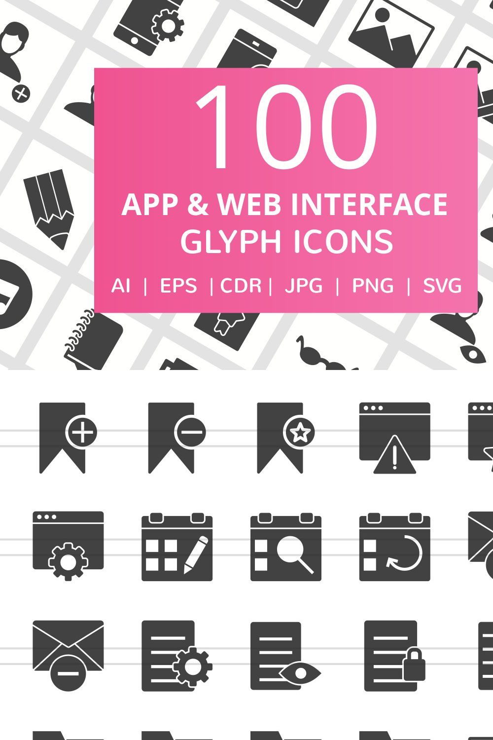 100 App & Web Interface Glyph Icons pinterest preview image.