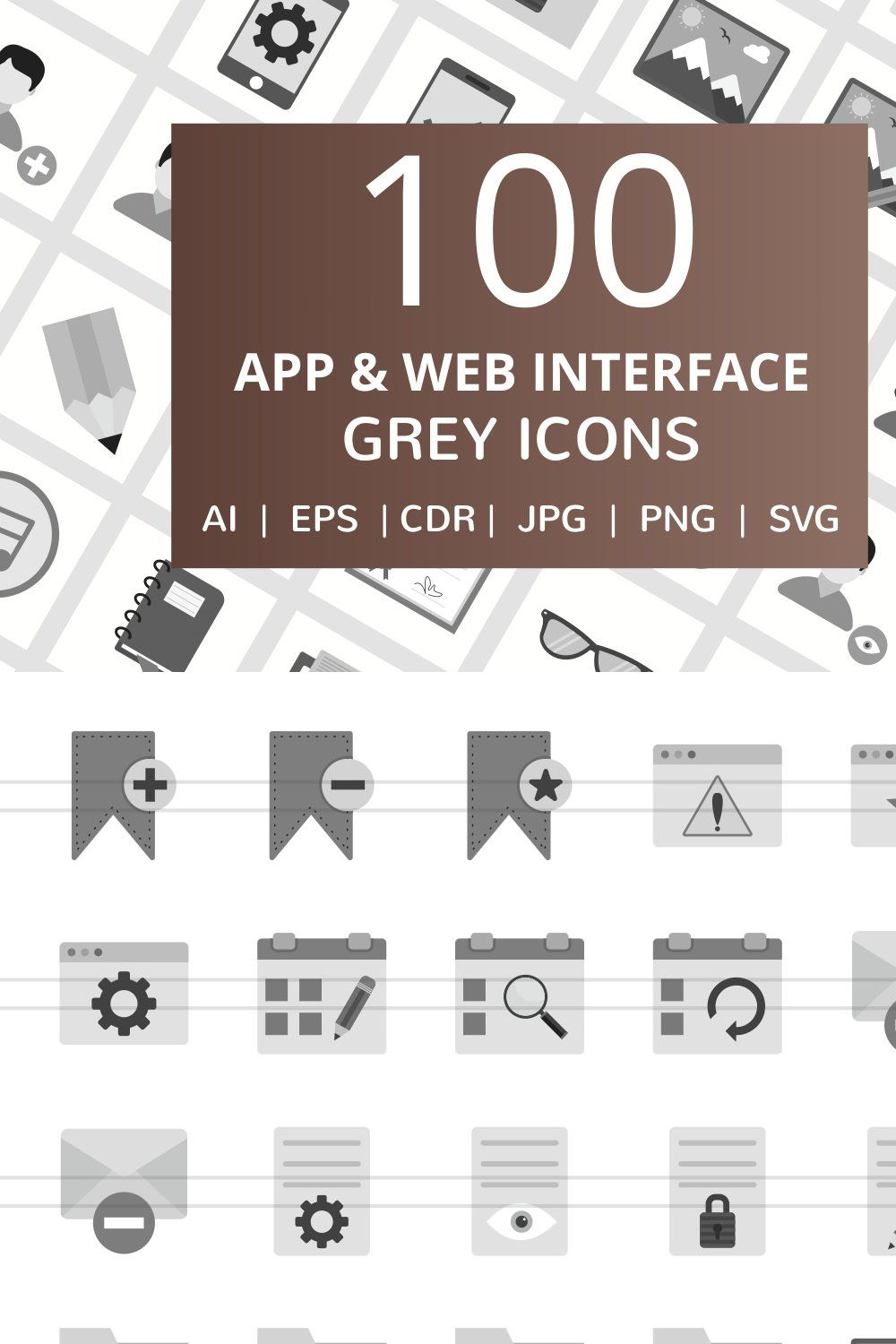 100 App & Web Interface Grey Icons pinterest preview image.