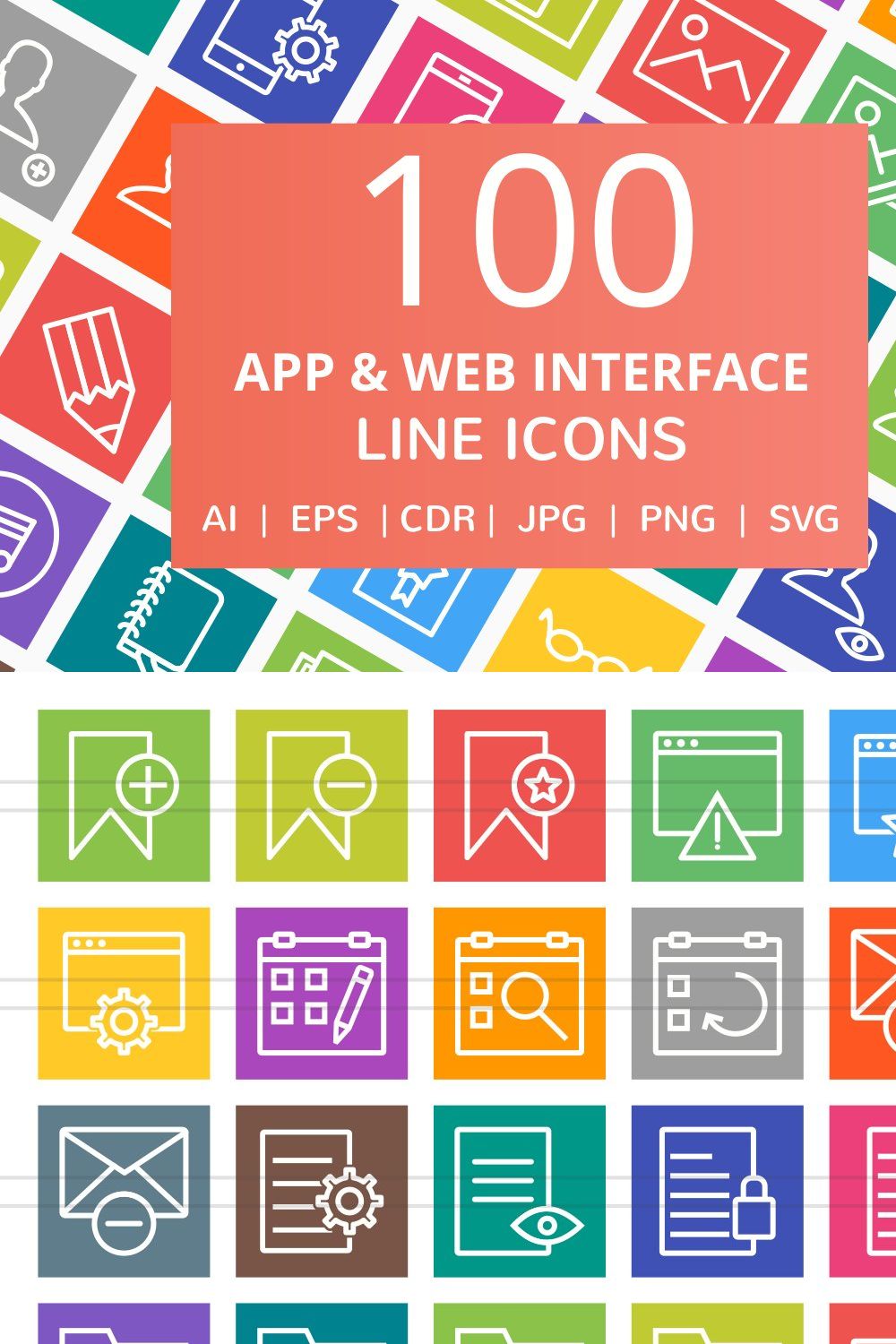 100 App & Web Interface Line Icons pinterest preview image.
