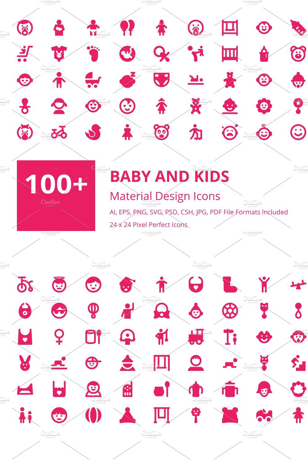 100+ Baby and Kids Material Icons pinterest preview image.
