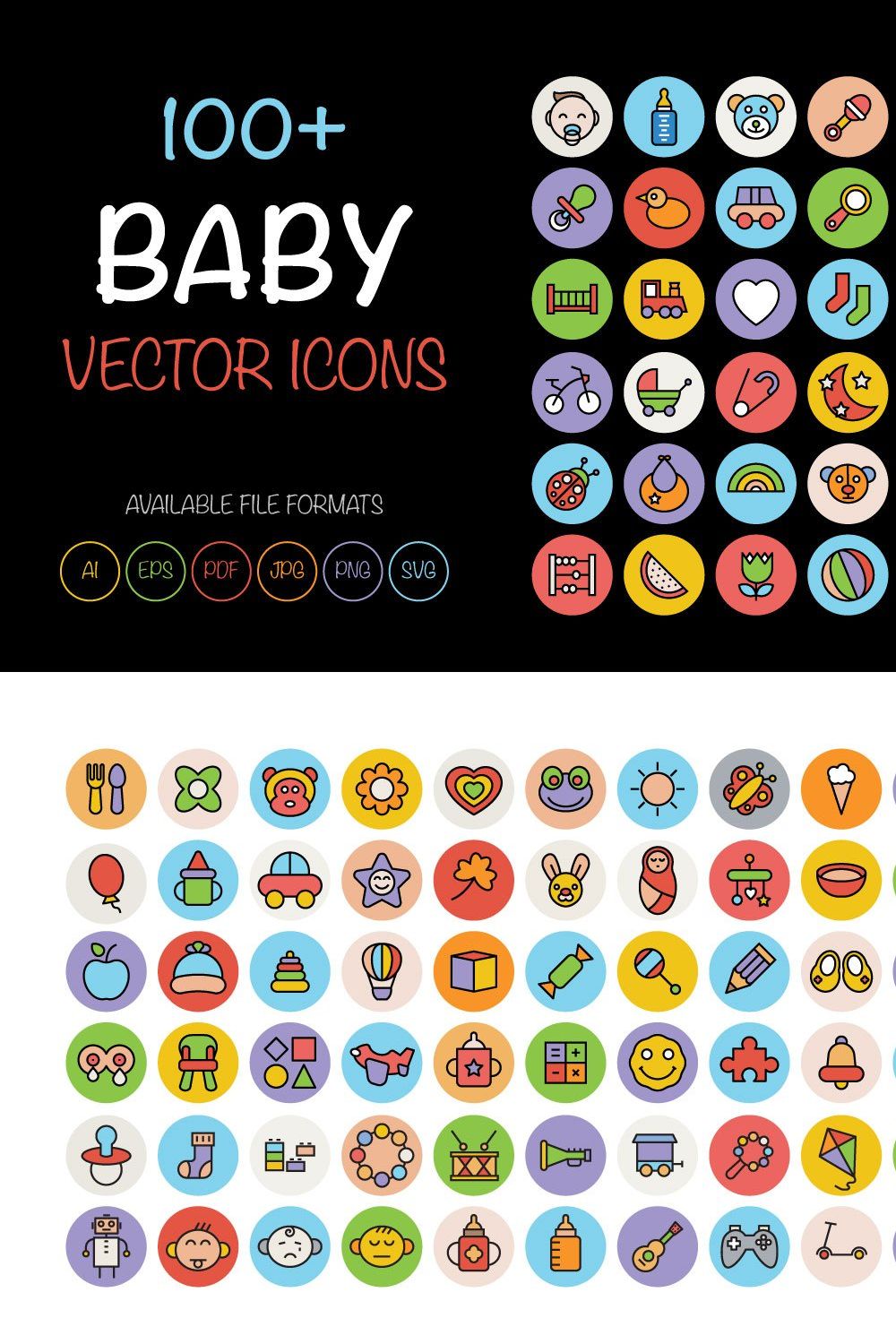 100+ Baby Colored Vector Icons pinterest preview image.