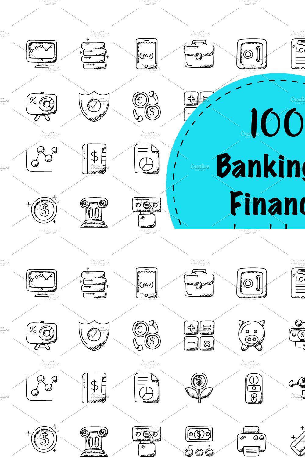 100 Banking and Finance Doodle Icon pinterest preview image.