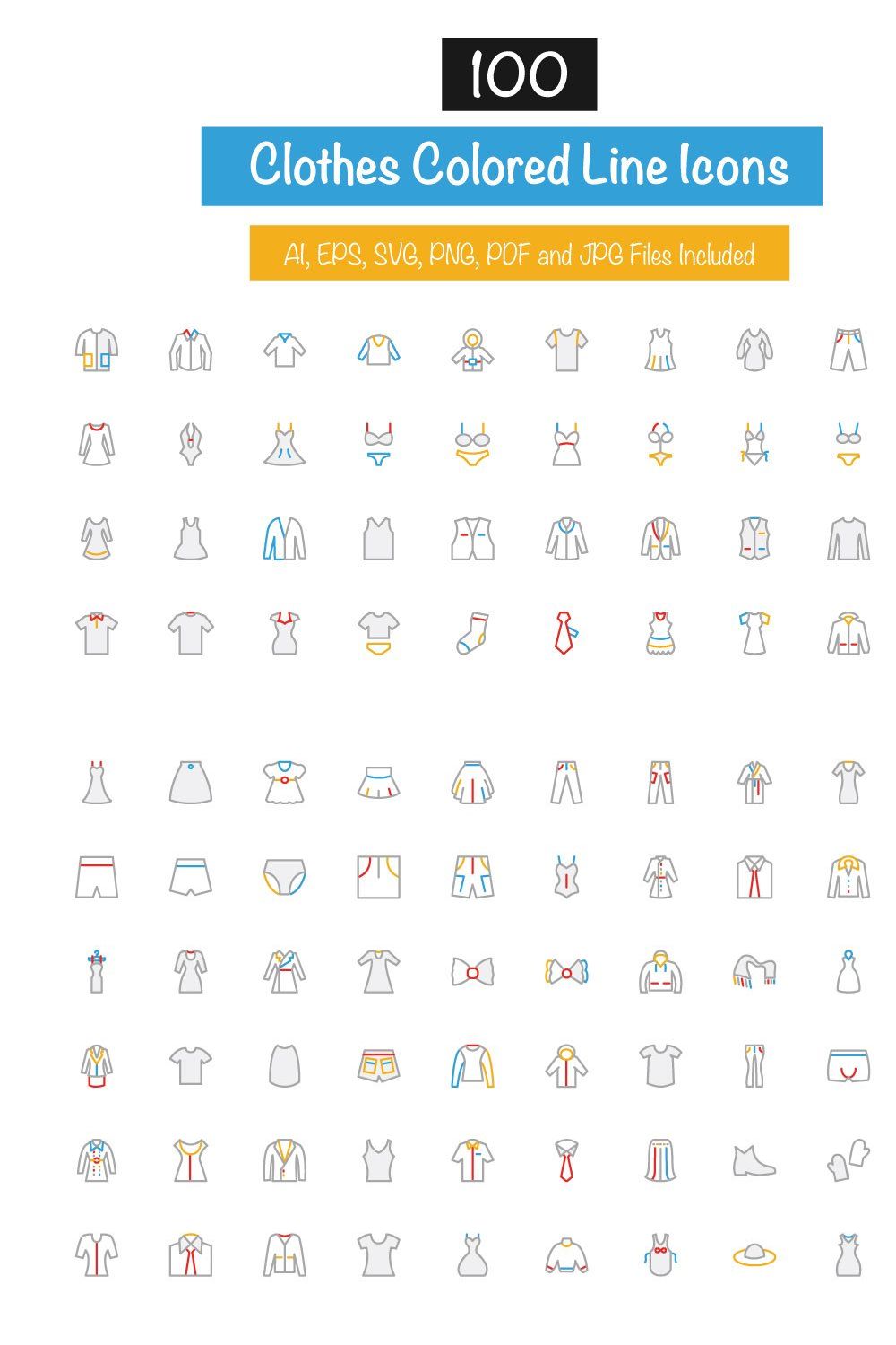 100 Clothes Colored Line Icons pinterest preview image.