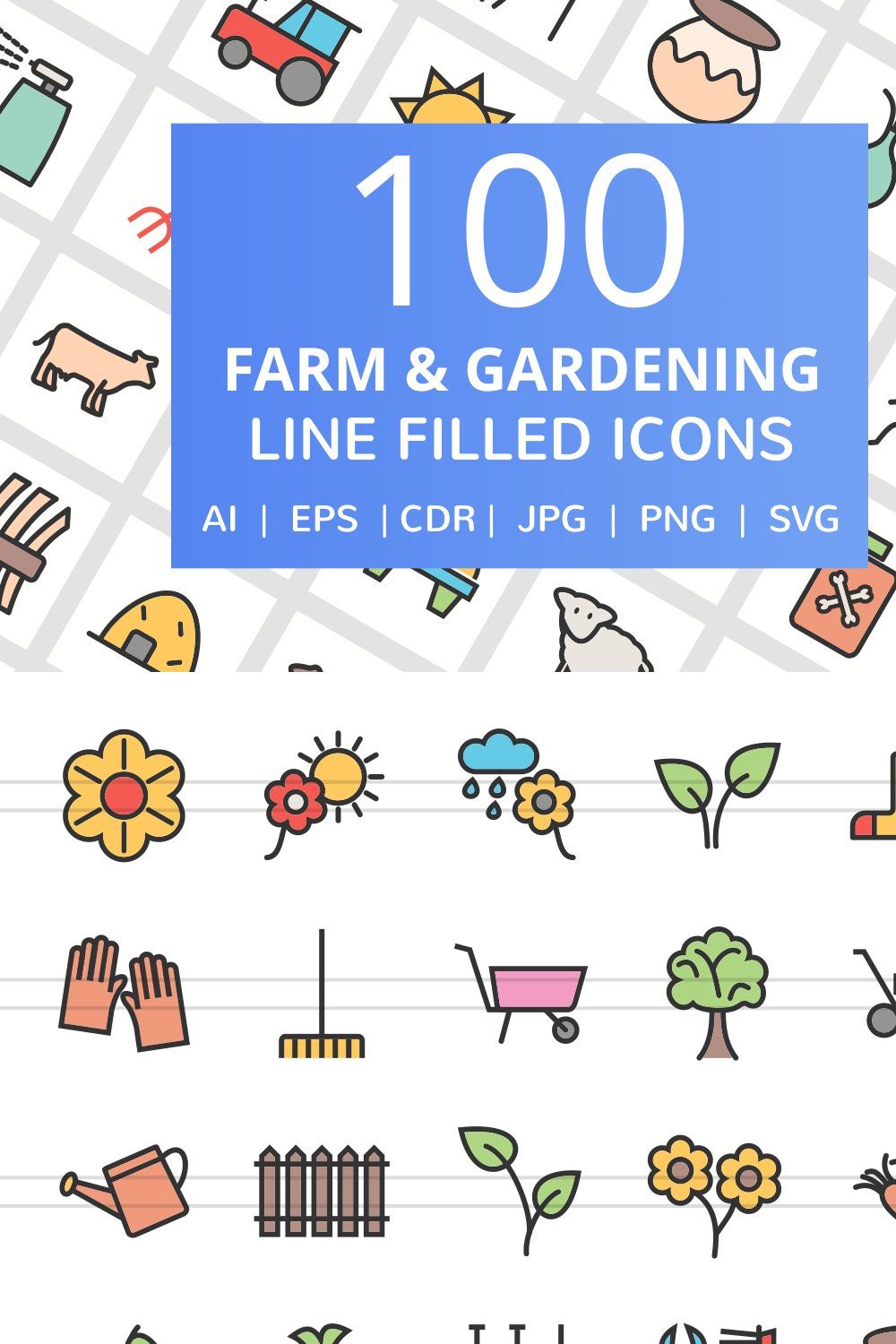 100 Farm & Garden Filled Line Icons pinterest preview image.