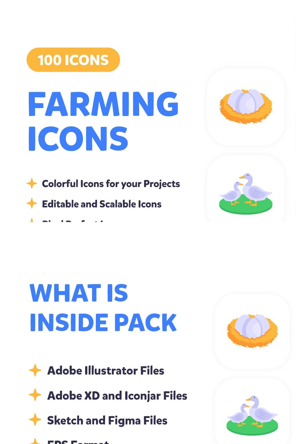 100 Farming Icons - Flat Vectors pinterest preview image.