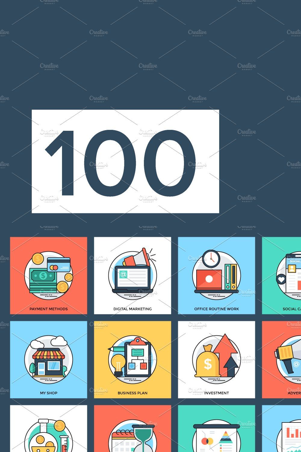 100 Flat Banking and Finance Icons pinterest preview image.