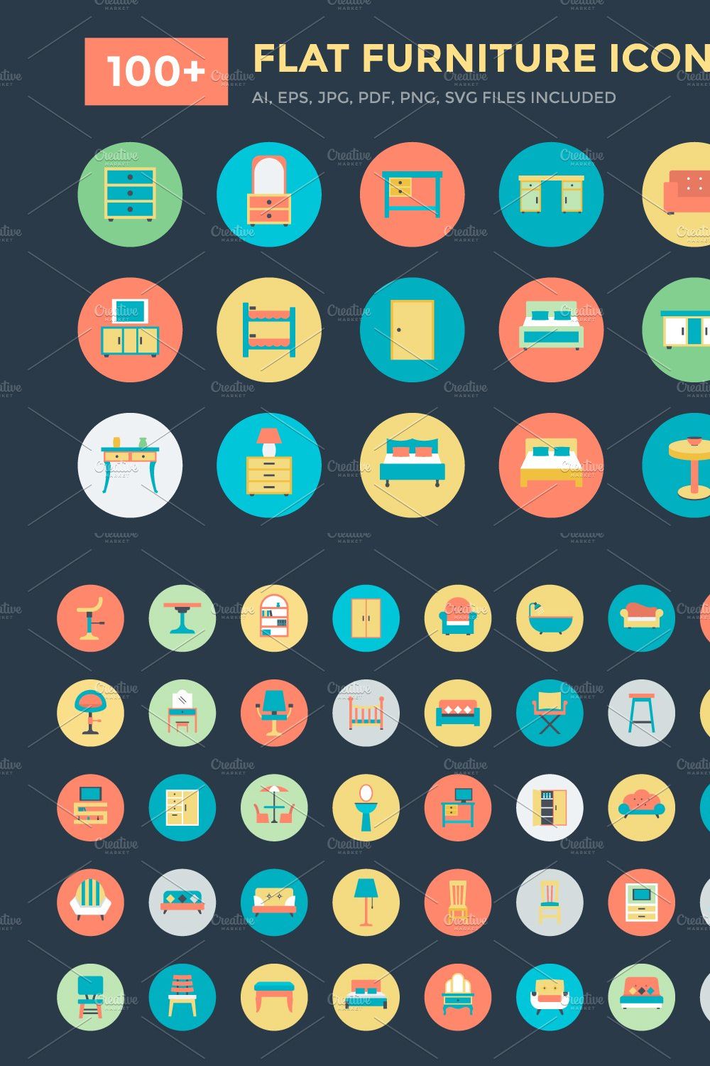 100+ Flat Furniture Icons pinterest preview image.