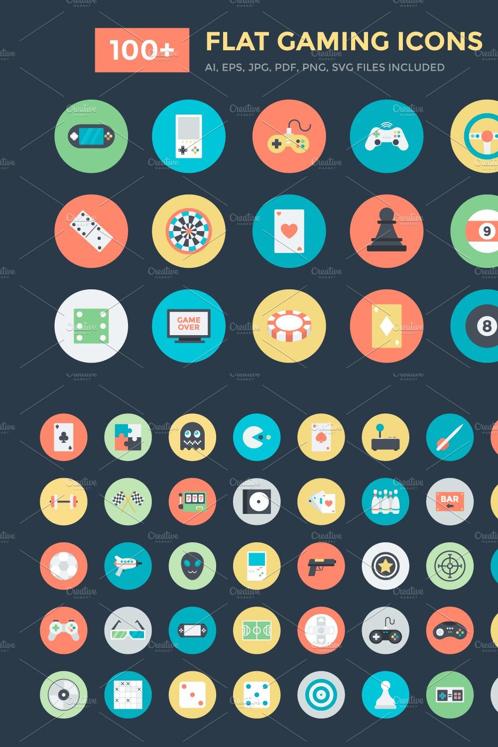 100+ Flat Gaming Vector Icons pinterest preview image.