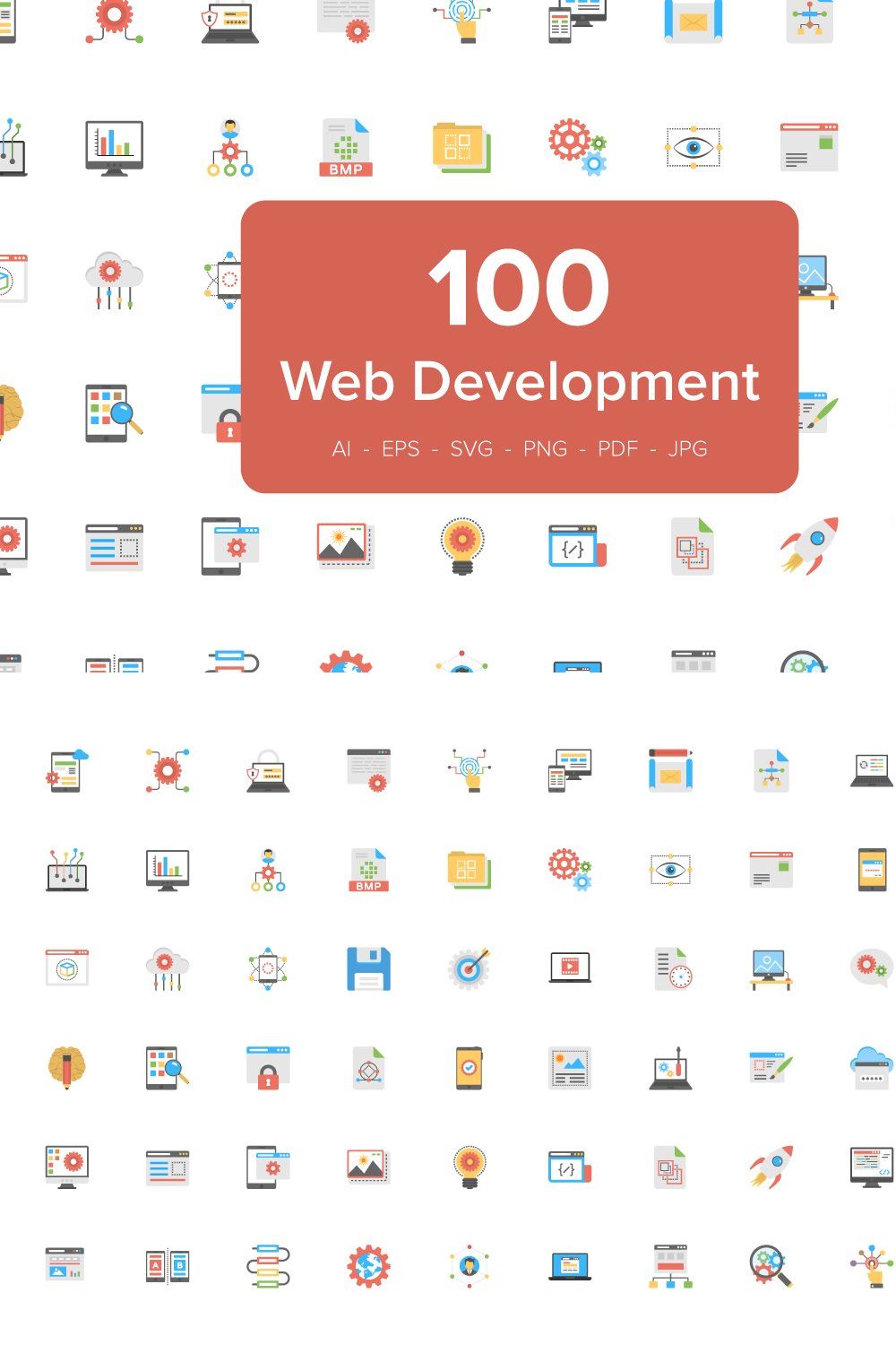 100 Flat Icons of Web Development pinterest preview image.