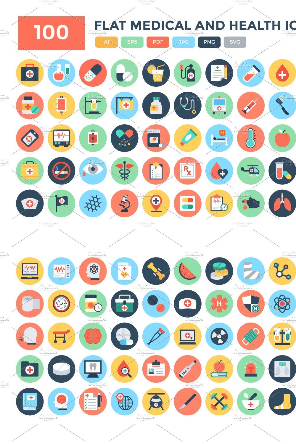 100 Flat Medical and Health Icons pinterest preview image.
