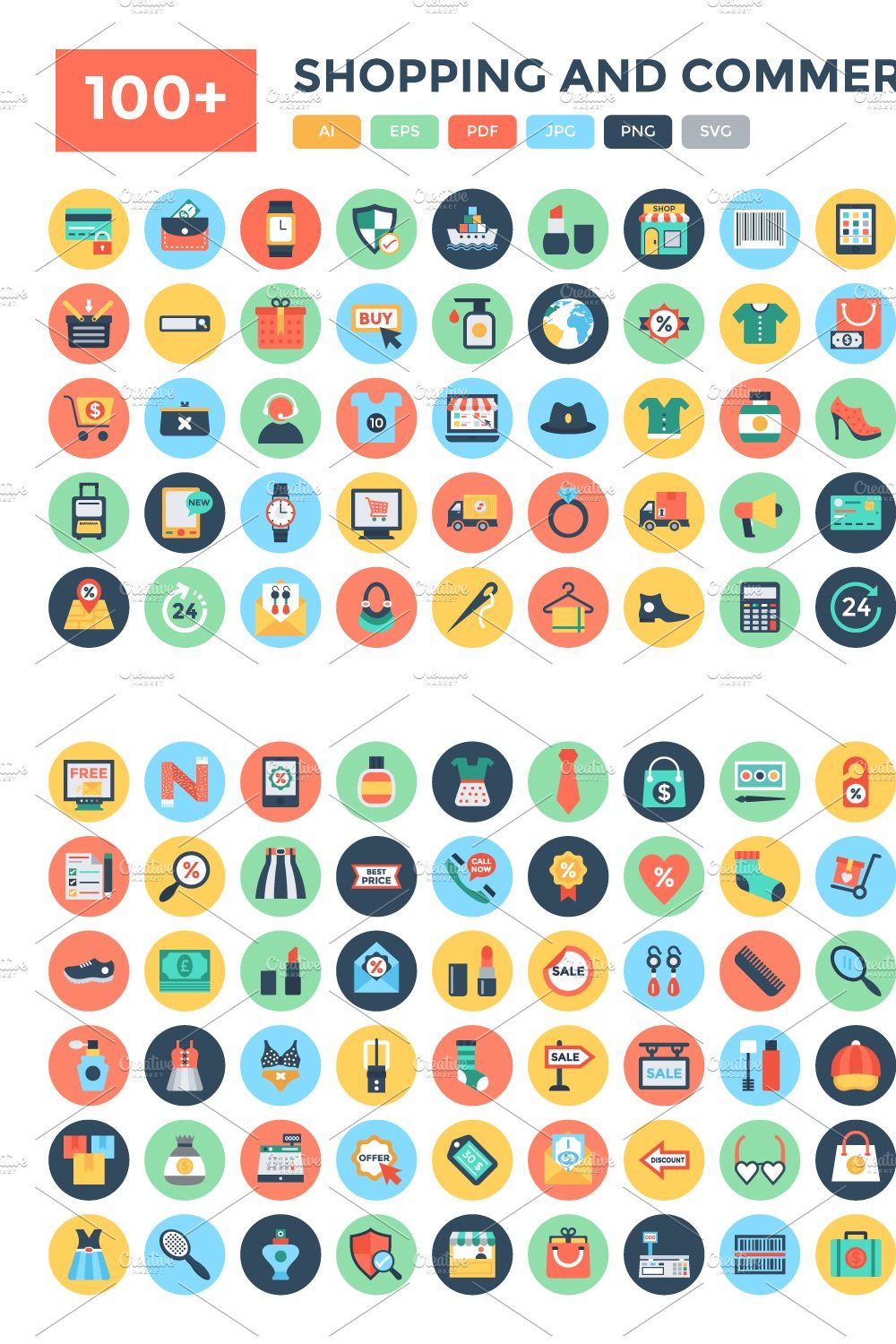 100+ Flat Shopping and Commerce Icon pinterest preview image.
