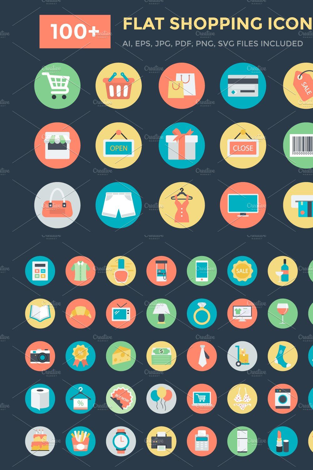 100+ Flat Shopping Icons pinterest preview image.