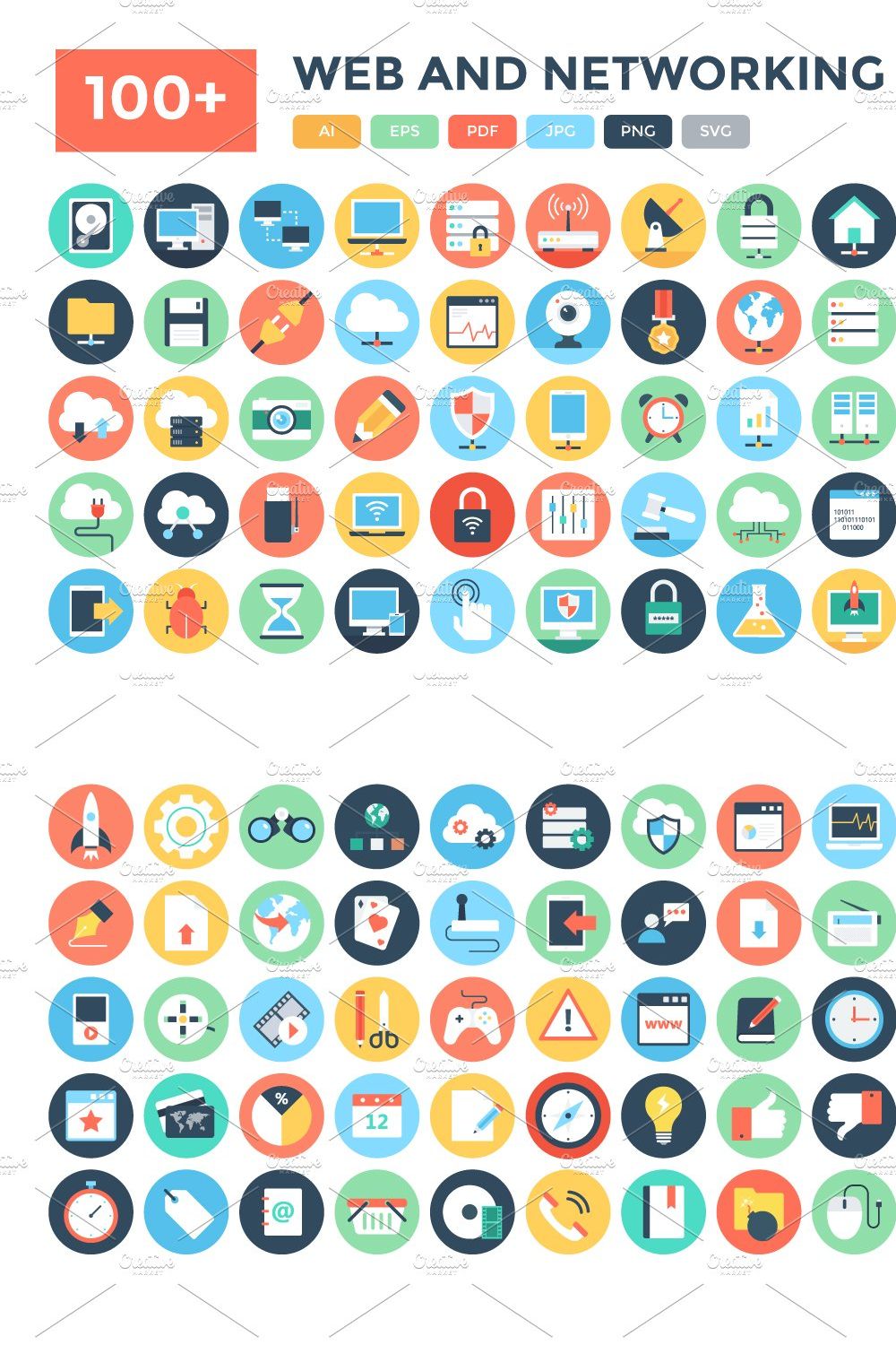 100+ Flat Web and Networking Icons pinterest preview image.