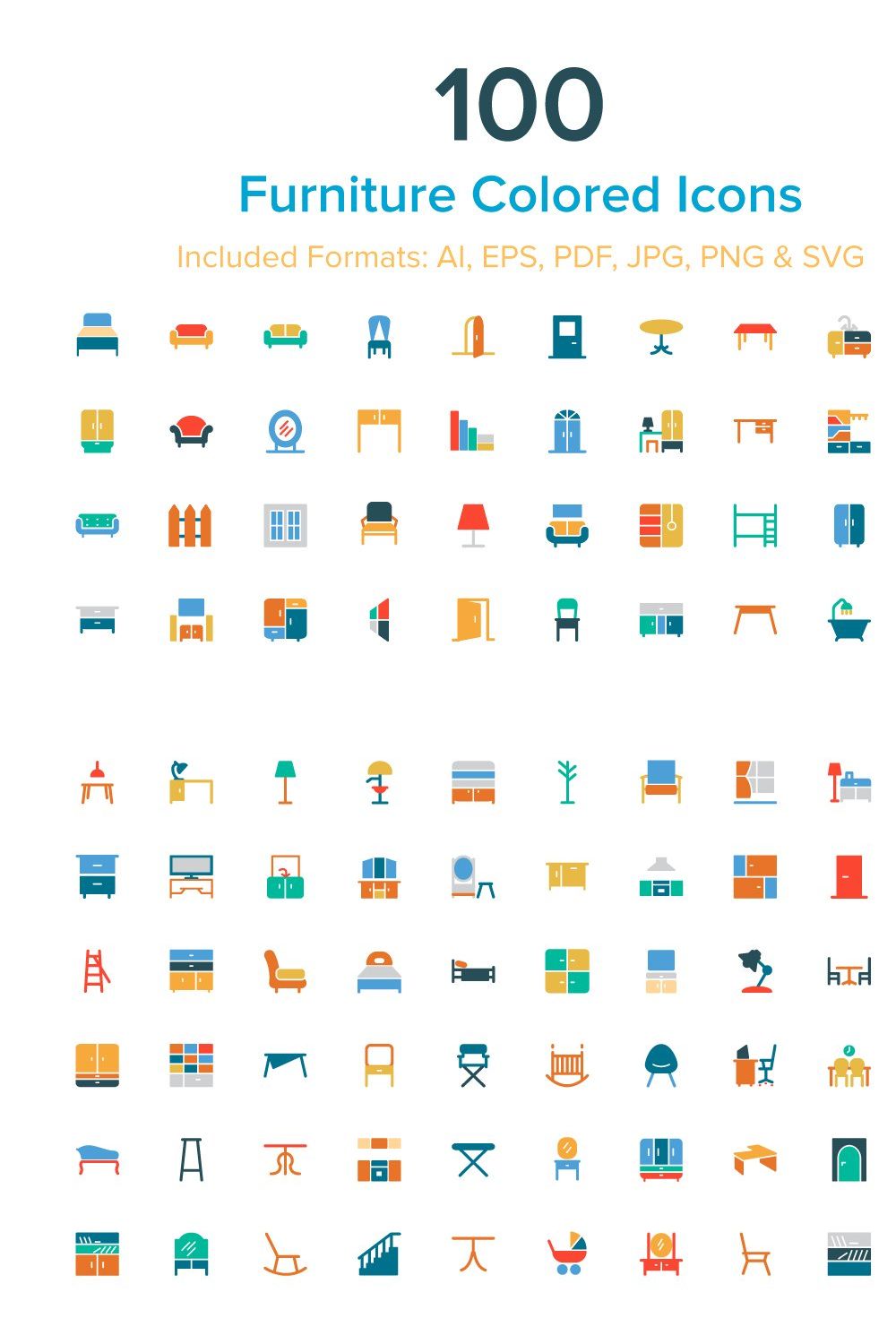 100 Furniture Colored Icons pinterest preview image.