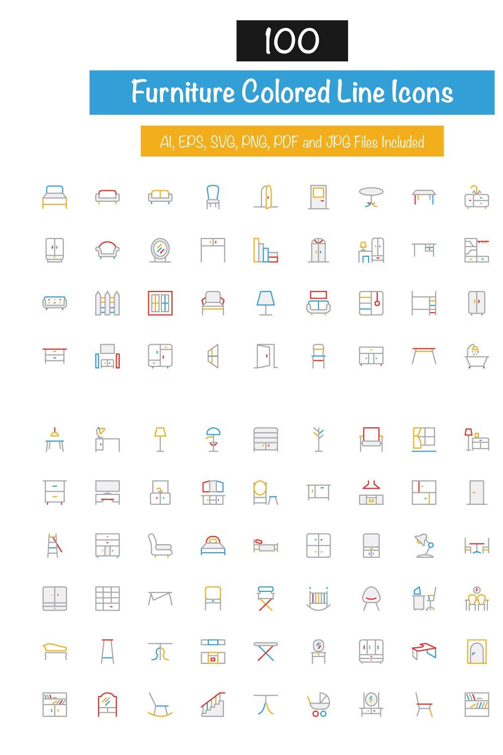 100 Furniture Colored Line Icons pinterest preview image.