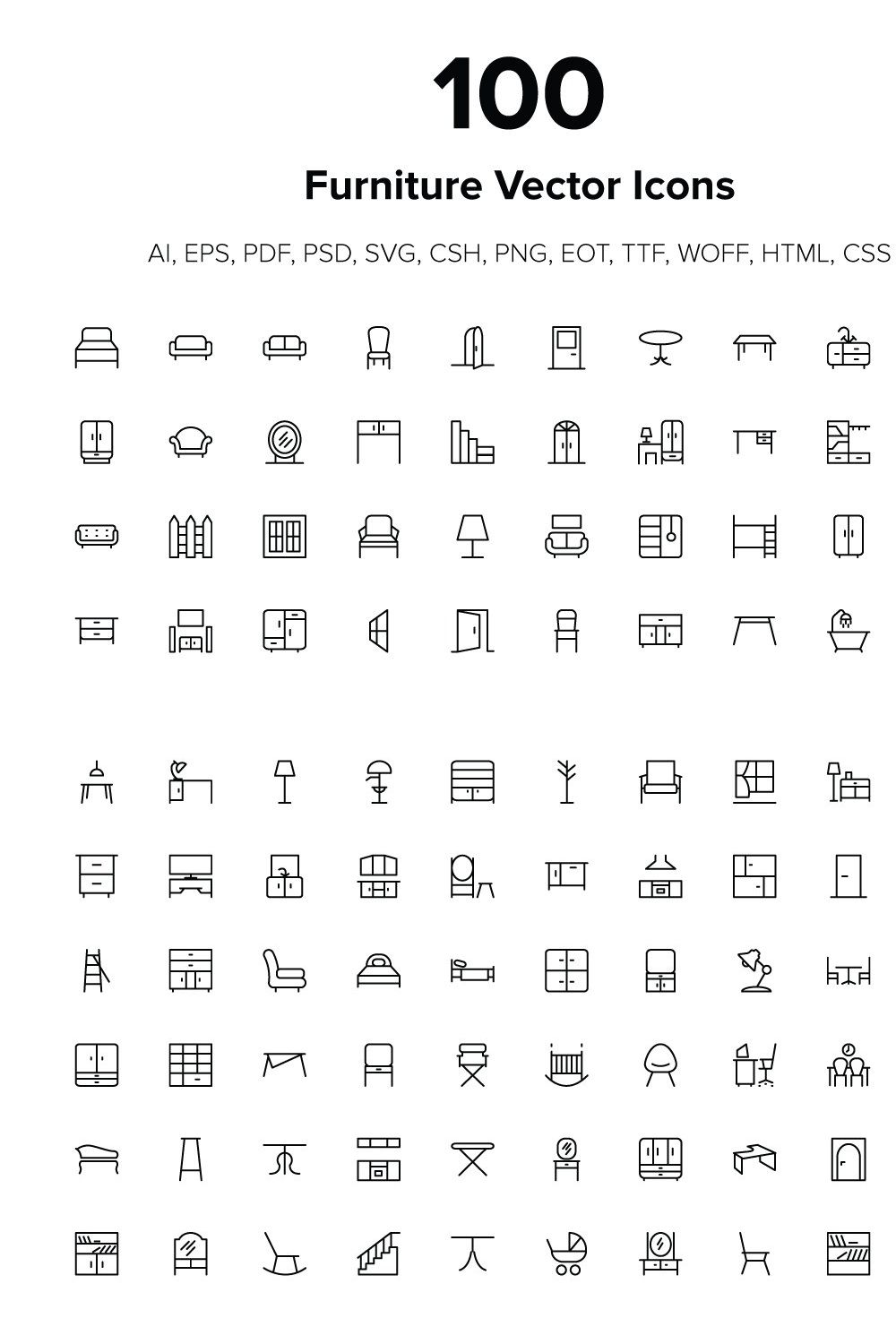 100 Furniture Icons pinterest preview image.