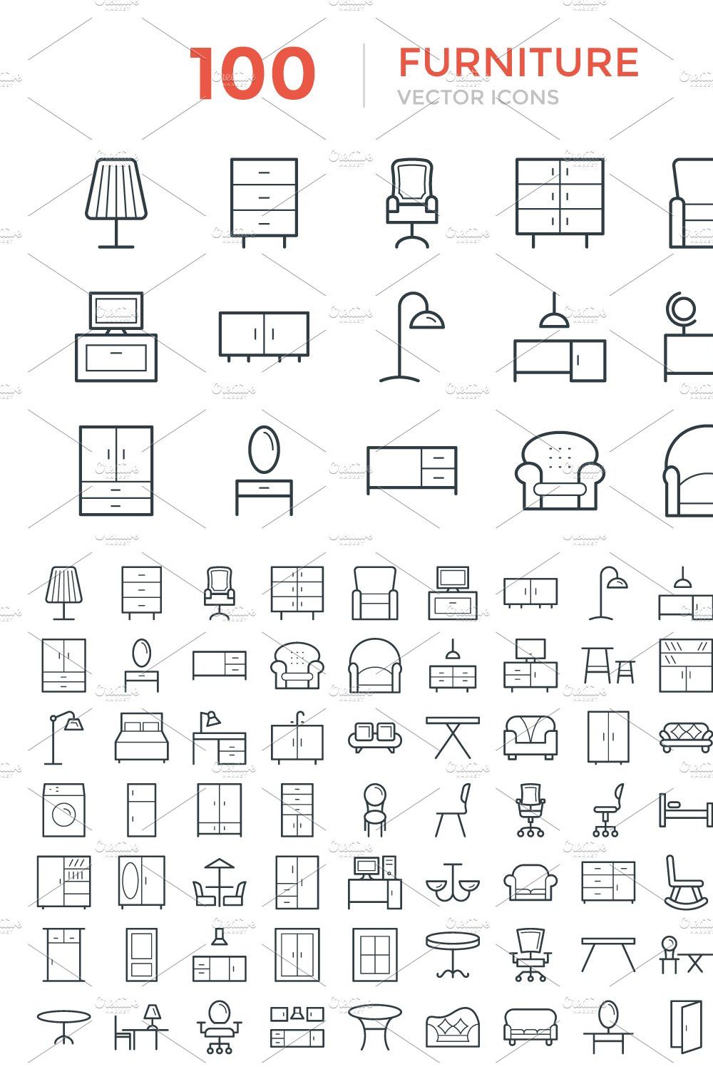 100 Furniture Vector Icons pinterest preview image.