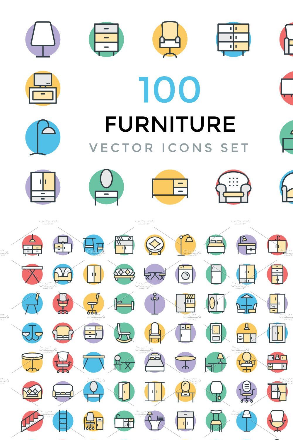 100 Furniture Vector Icons pinterest preview image.