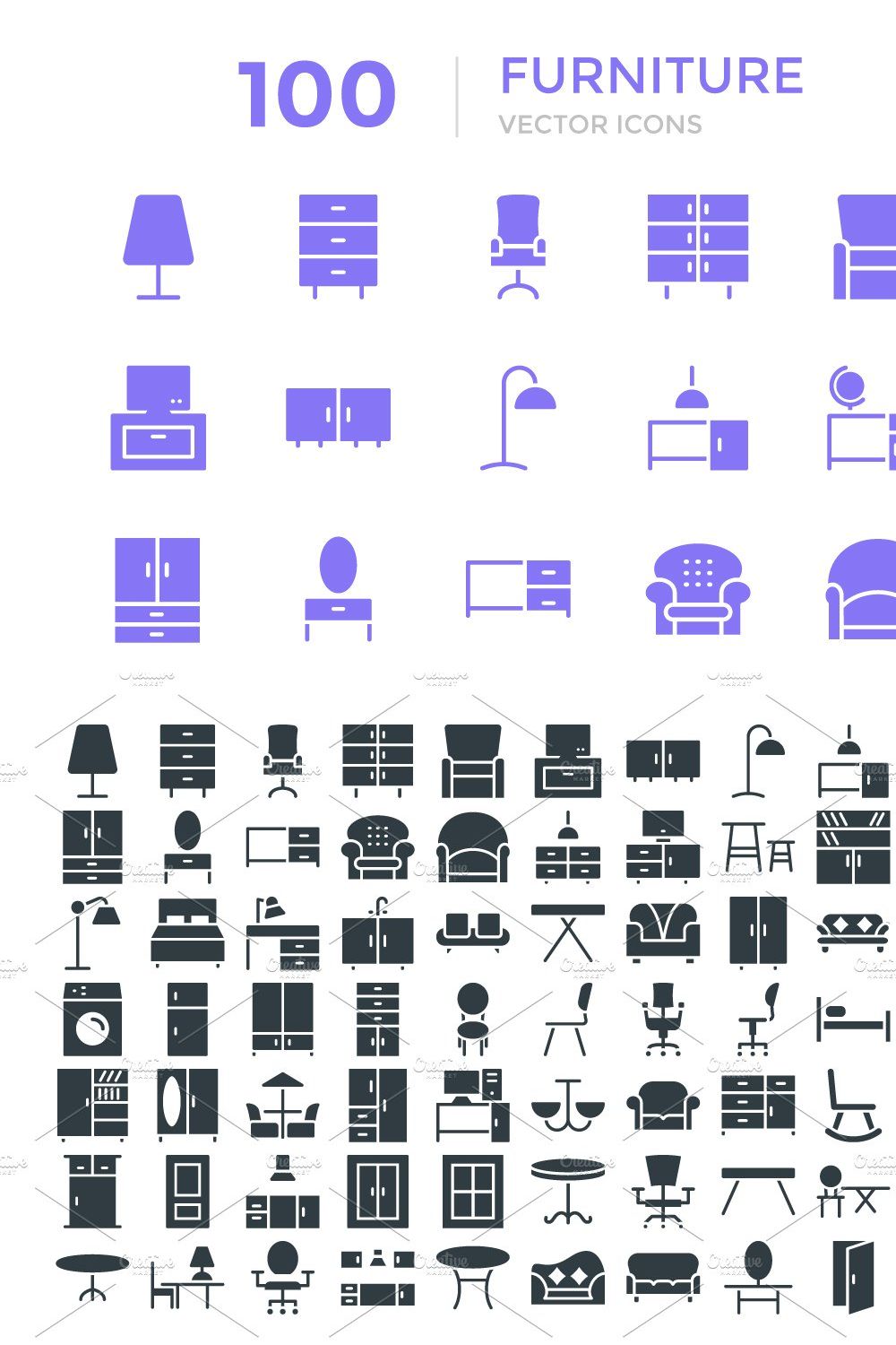 100 Furniture Vector Icons pinterest preview image.