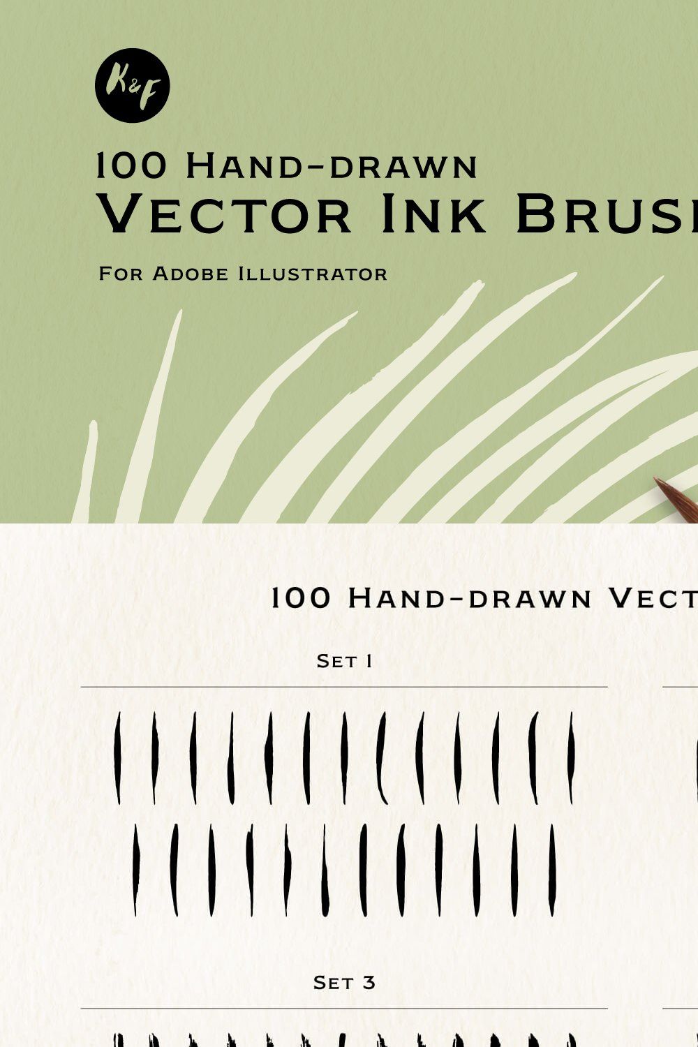 100 Hand-Drawn Vector Ink Brushes pinterest preview image.