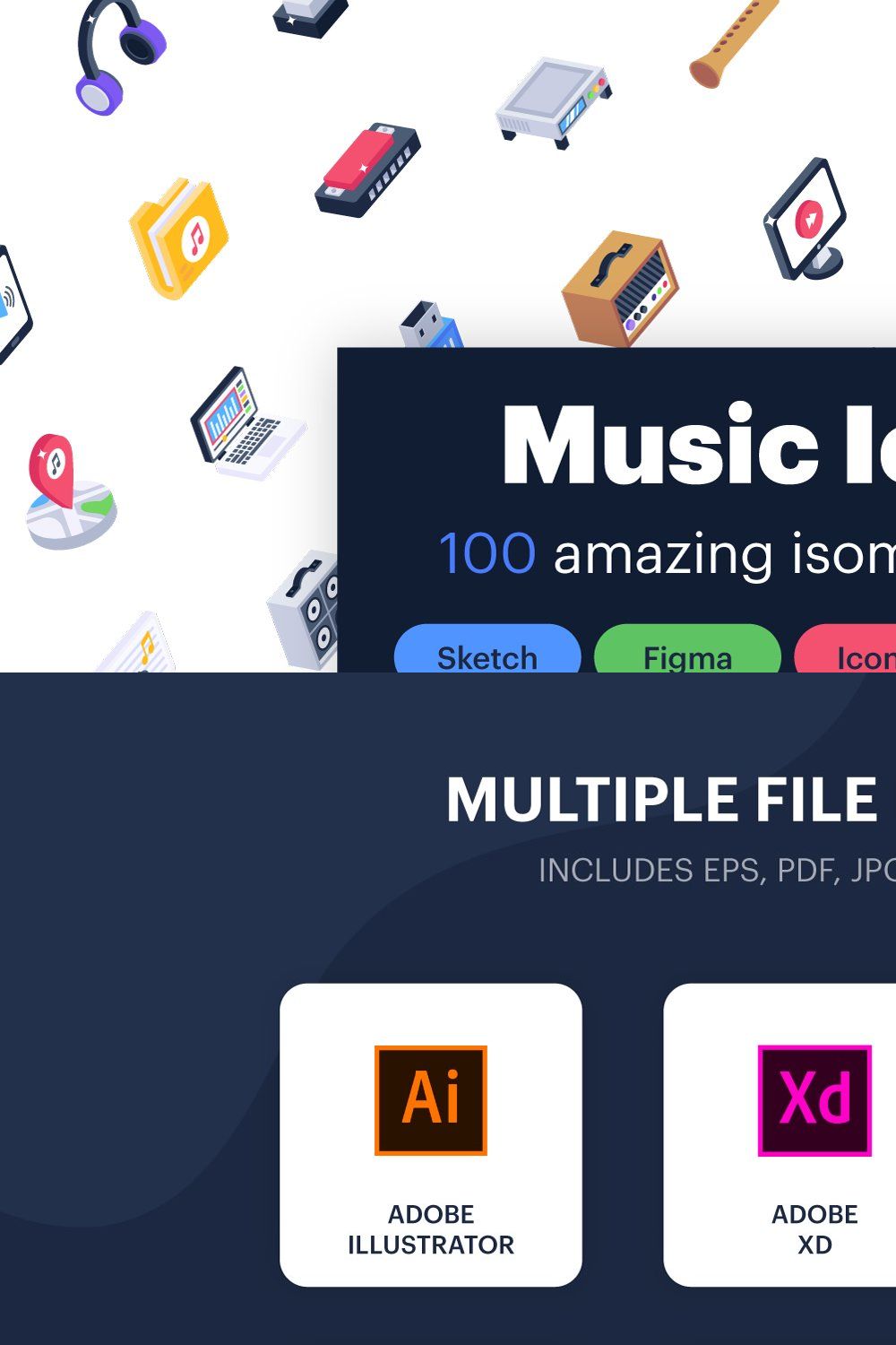 100 isometric icons of music pinterest preview image.