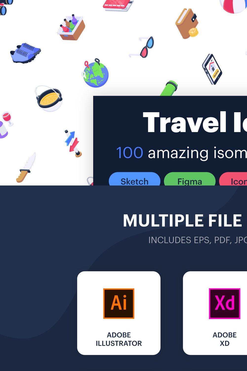 100 Isometric Travel Vector Icons pinterest preview image.