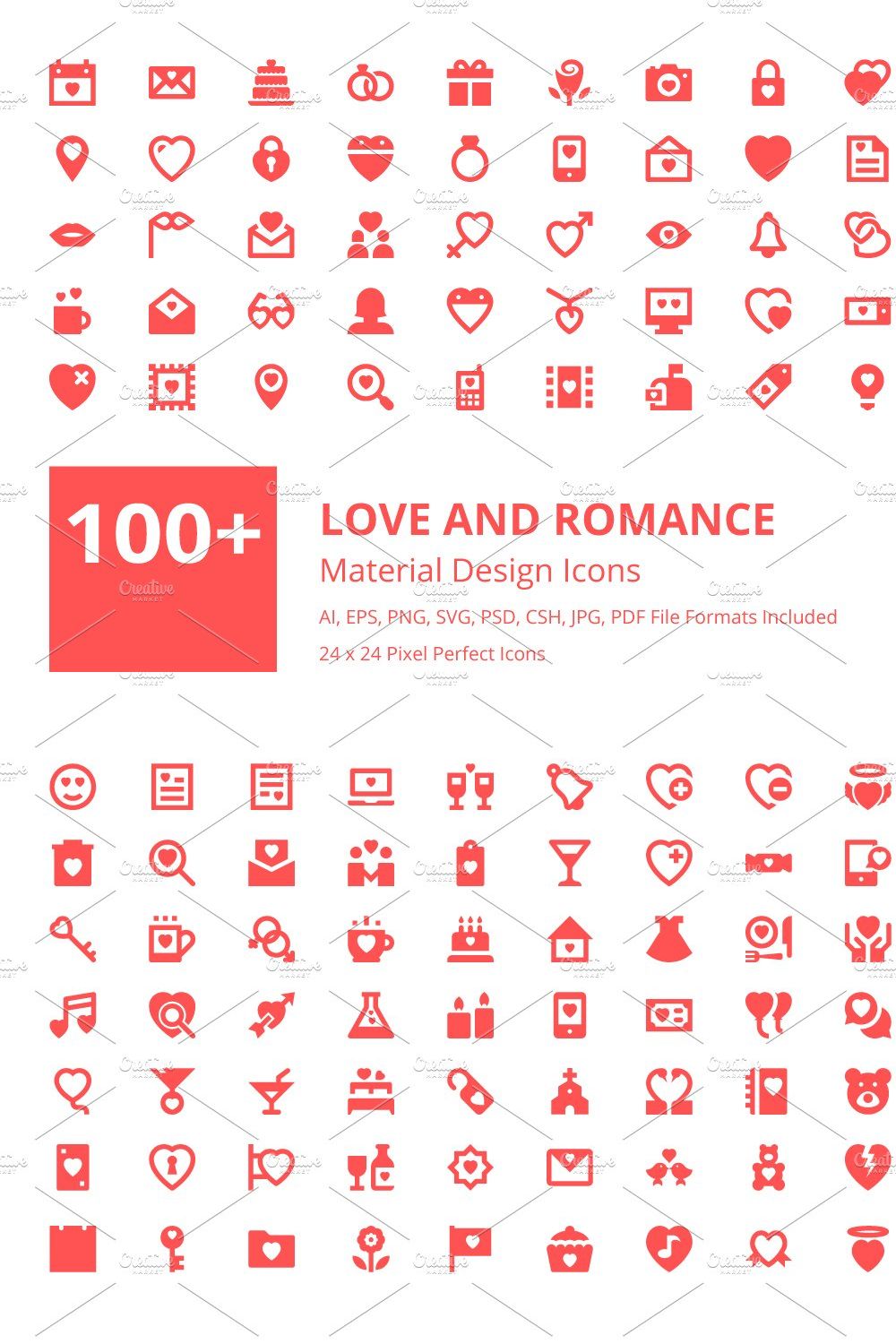 100+ Love and Romance Material Icons pinterest preview image.