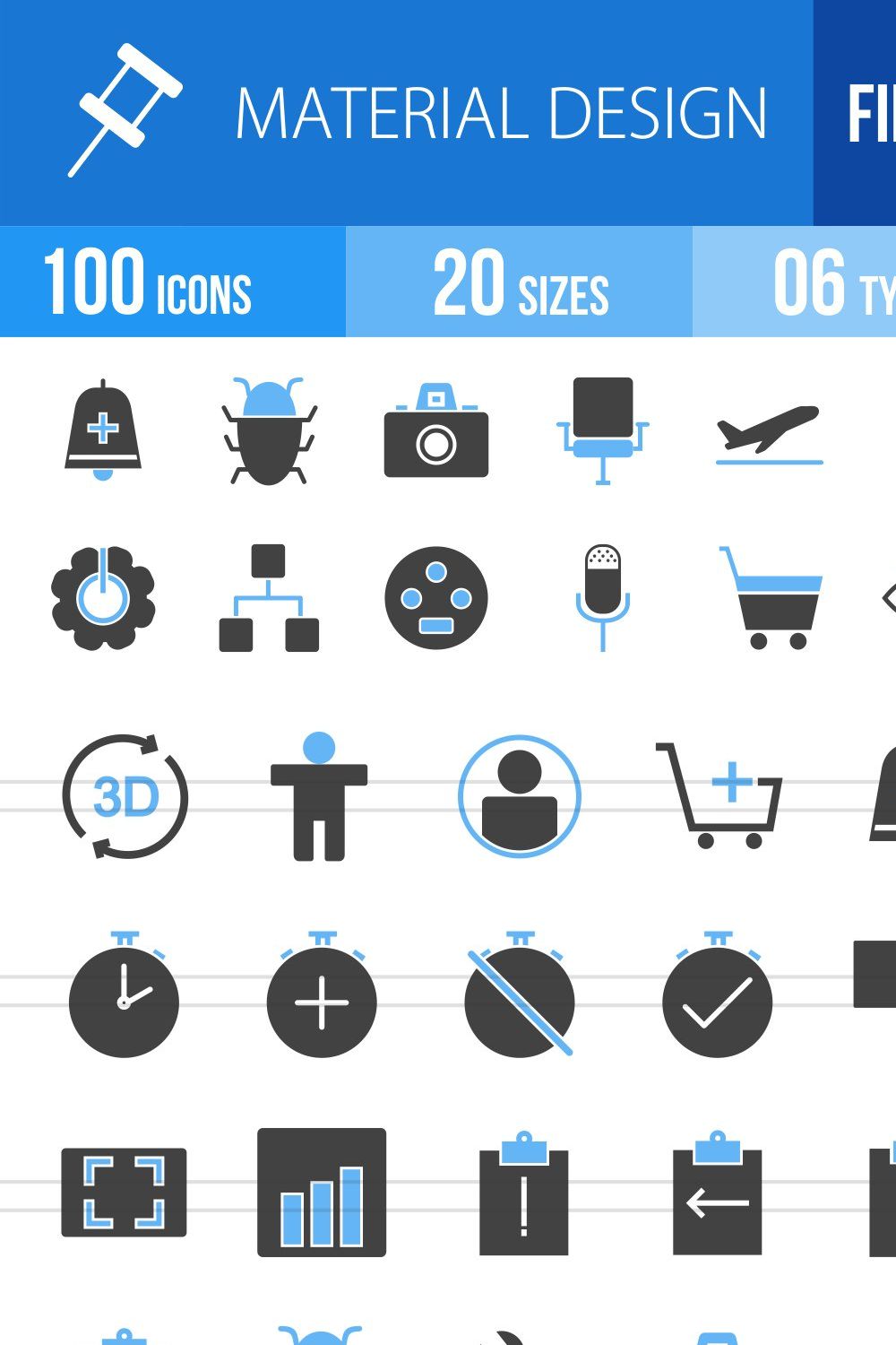 100 Material Design Blue&Black Icons pinterest preview image.