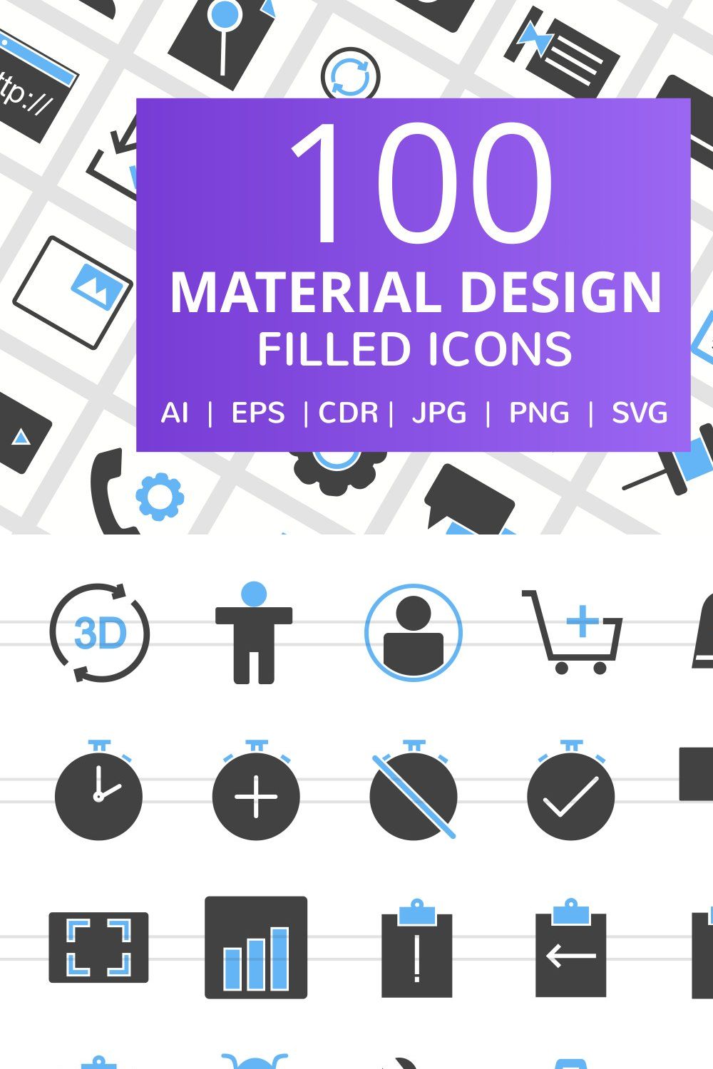 100 Material Design Filled Icons pinterest preview image.