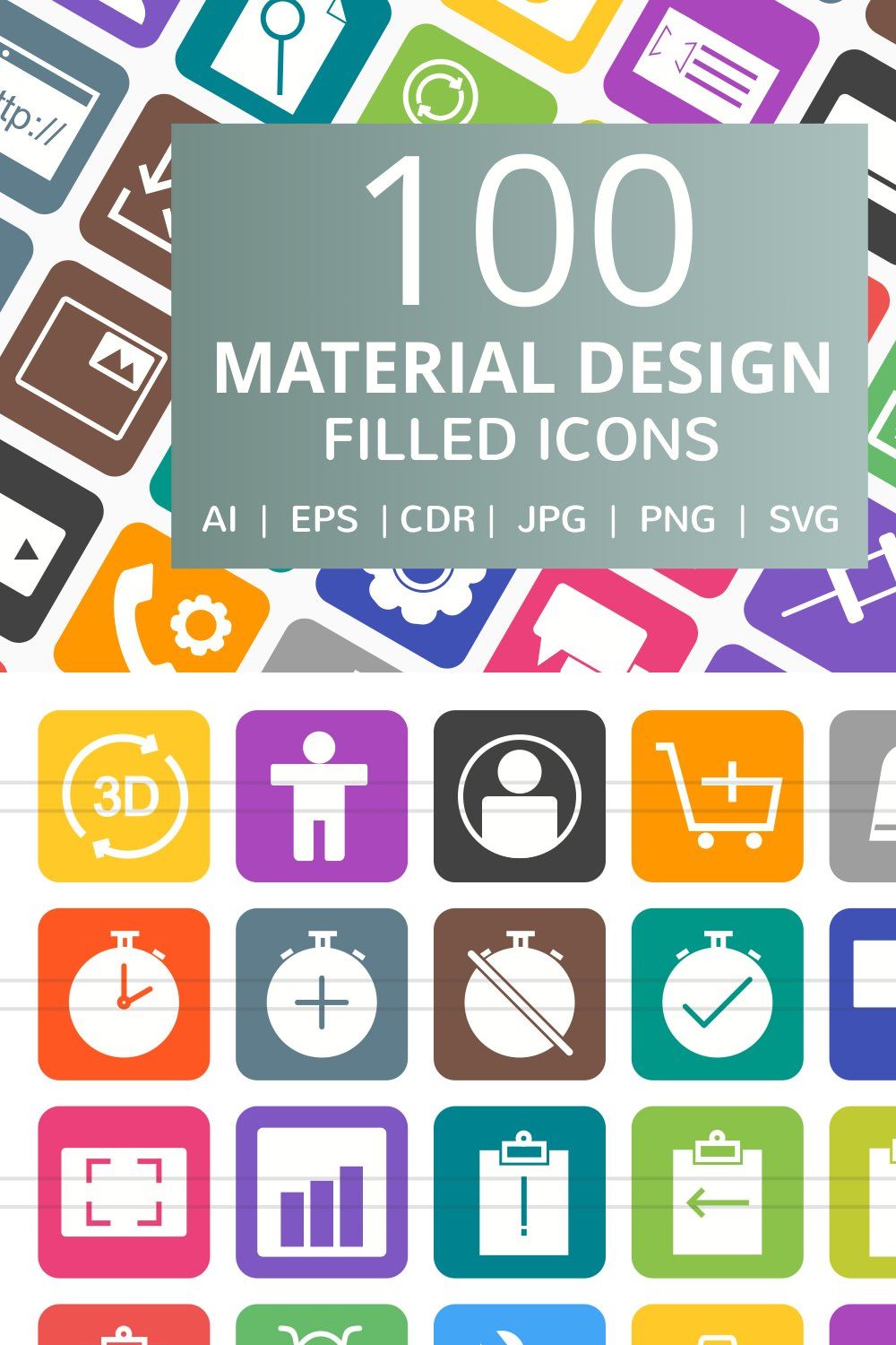100 Material Design Filled Icons pinterest preview image.