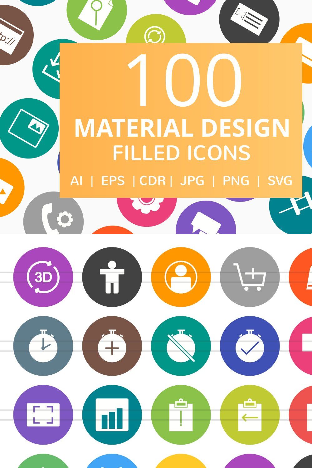 100 Material Design Filled Icons pinterest preview image.