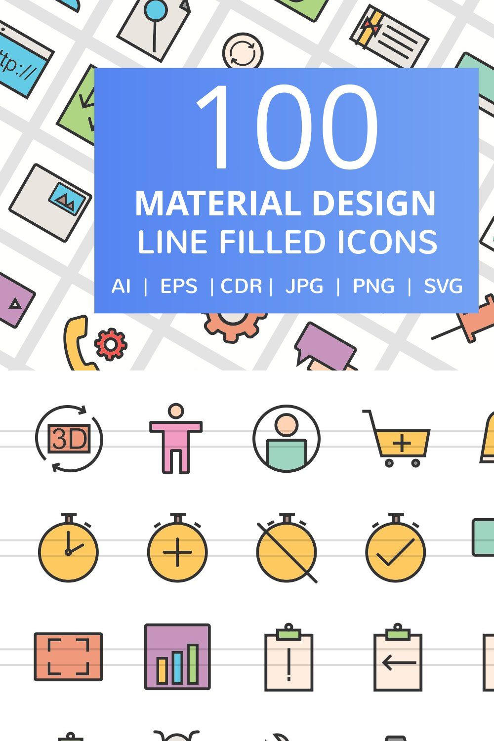 100 Material Design Filled Line Icon pinterest preview image.