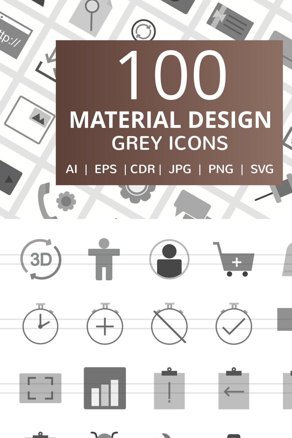 100 Material Design Flat Grey Icons pinterest preview image.