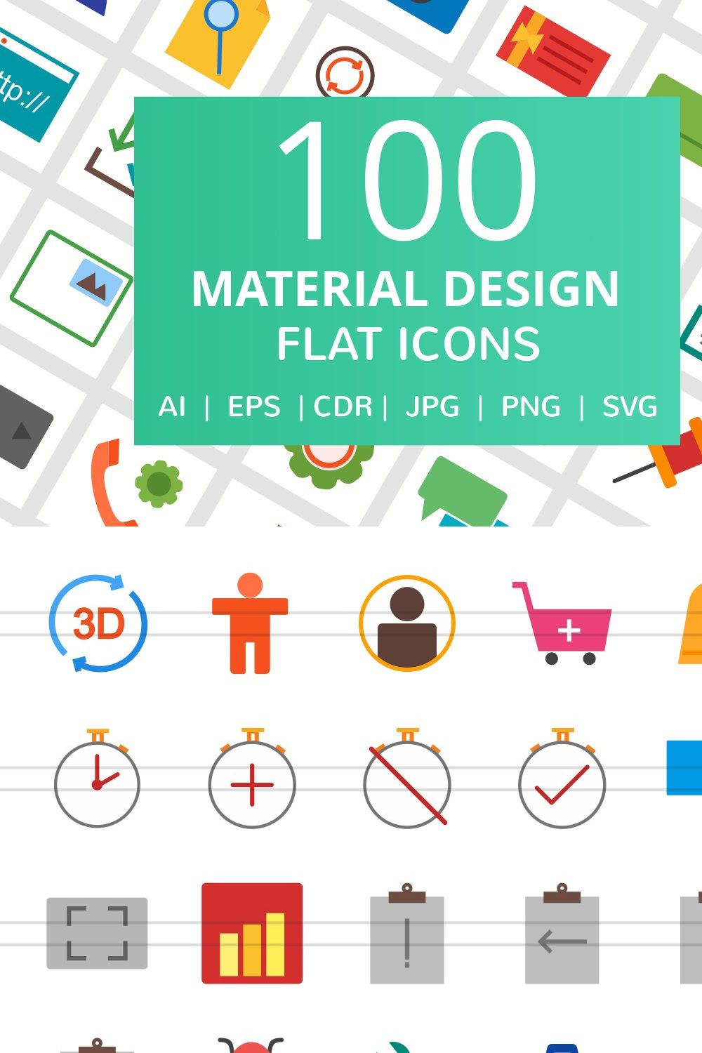 100 Material Design Flat Icons pinterest preview image.