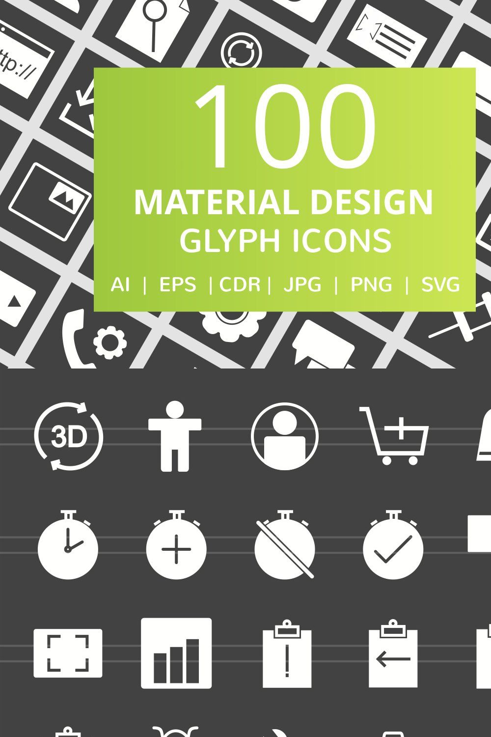 100 Material Design Glyph Icons pinterest preview image.