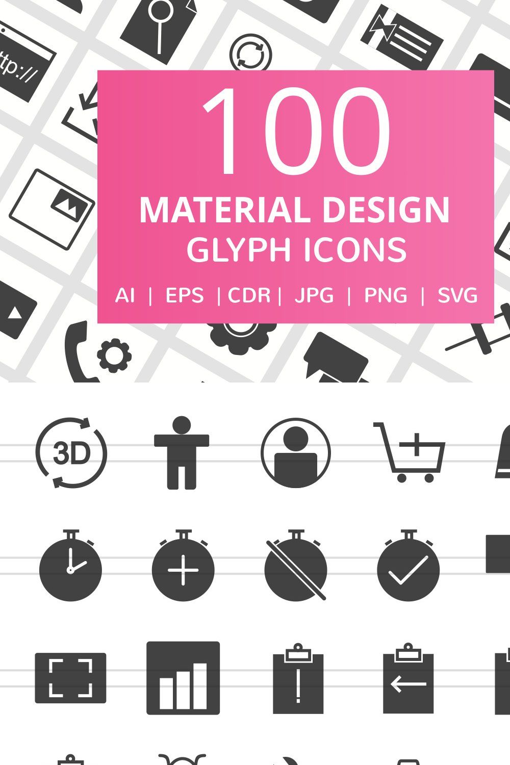 100 Material Design Glyph Icons pinterest preview image.