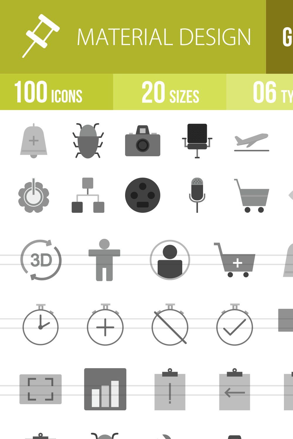 100 Material Design Greyscale Icons pinterest preview image.