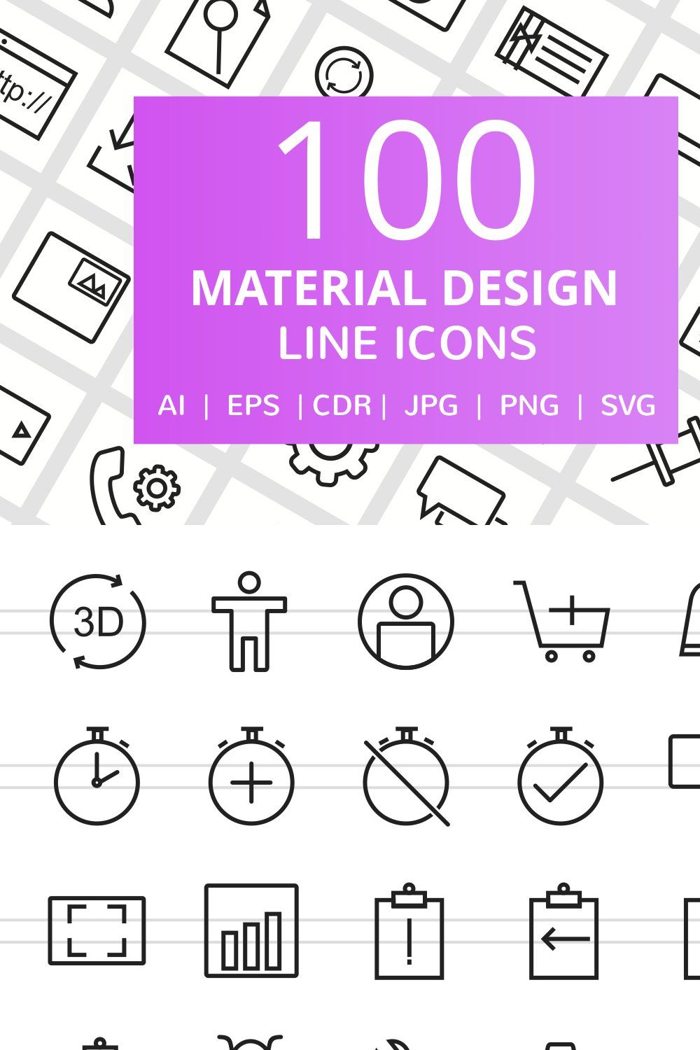 100 Material Design Line Icons pinterest preview image.